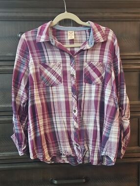 Faded Glory Purple and White Plaid Button-Front Shirt